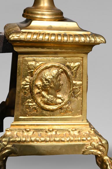 Pair of Louis XIV style gilt-bronze chenets decorated with profiles. Pair of Louis XIV style gilt-bronze chenets decorated with profiles.-6