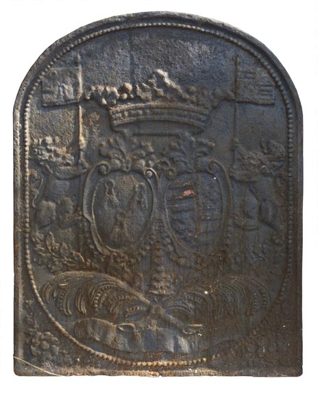 Antique fireback with coat of arms and flag-bearing lions Antique fireback with coat of arms and flag-bearing lions-0