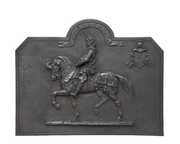 Cast iron fireback from the 20th century, with the effigy of King Charles VII Cast iron fireback from the 20th century, with the effigy of King Charles VII-0