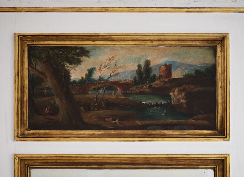 Antique trumeau decorated with an oil on canvas representing a lively landscape Antique trumeau decorated with an oil on canvas representing a lively landscape-1