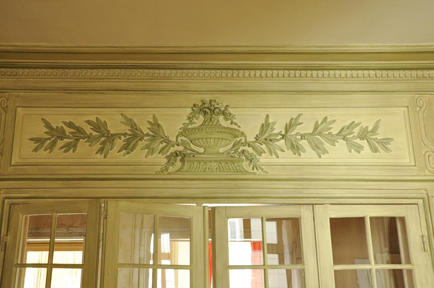 Beautiful Louis XVI style paneled room with its stone fireplace and a marine scene, oil on canvas-27