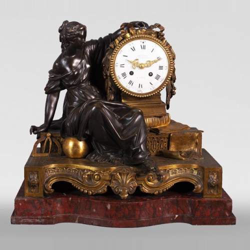Maison Denière - Patinated and gilded bronze clock symbolizing Uranie