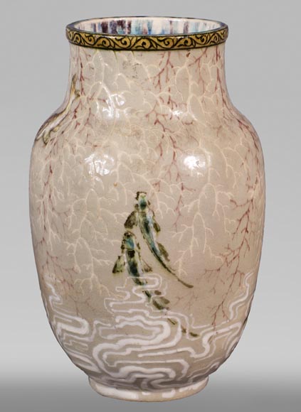 Edmond LACHENAL (1855-1930) - Glazed ceramic ovoid vase with carp decoration Edmond LACHENAL (1855-1930) - Glazed ceramic ovoid vase with carp decoration-2