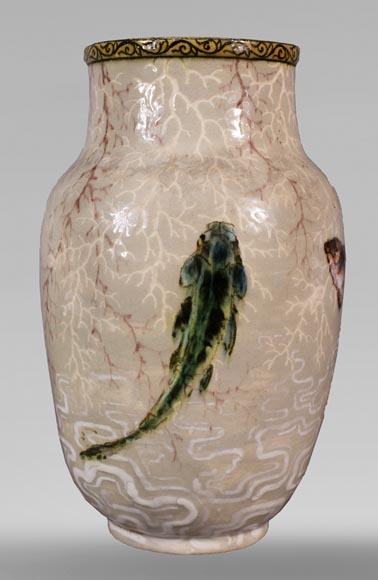 Edmond LACHENAL (1855-1930) - Glazed ceramic ovoid vase with carp decoration Edmond LACHENAL (1855-1930) - Glazed ceramic ovoid vase with carp decoration-3