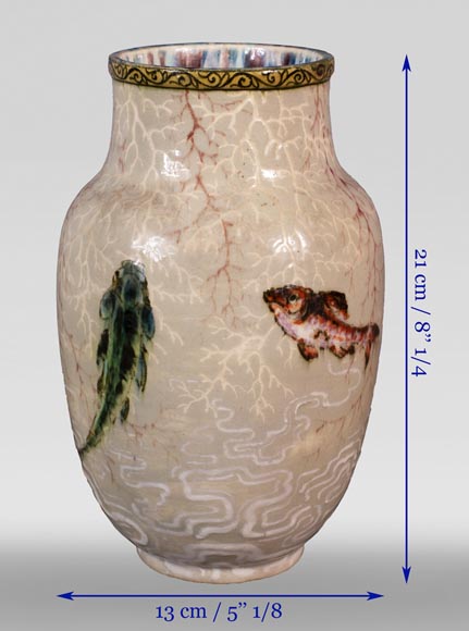 Edmond LACHENAL (1855-1930) - Glazed ceramic ovoid vase with carp decoration Edmond LACHENAL (1855-1930) - Glazed ceramic ovoid vase with carp decoration-13