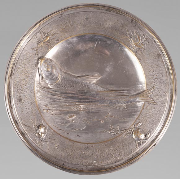 Silver plated metal plate with japanese decoration of a carp and insects Silver plated metal plate with japanese decoration of a carp and insects-0
