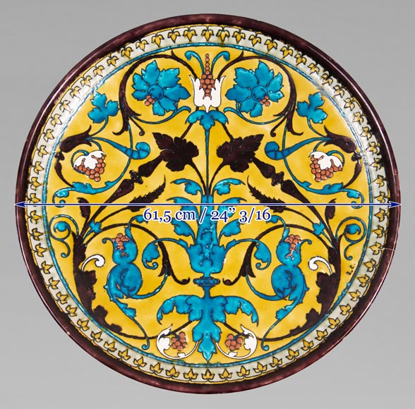 Théodore DECK (1823-1891) - Round ceramic dish with oriental decoration of a vase of flowers and foliage on yellow background Théodore DECK (1823-1891) - Round ceramic dish with oriental decoration of a vase of flowers and foliage on yellow background-8