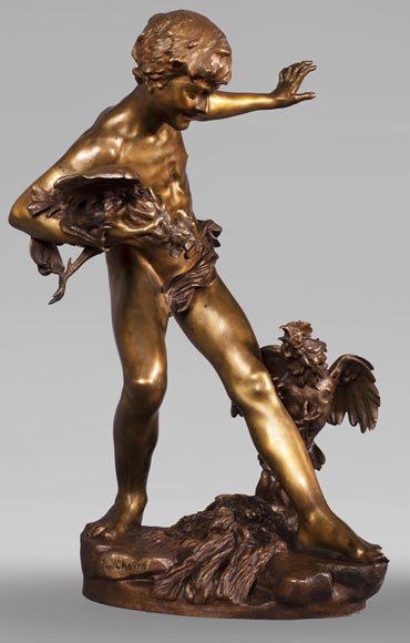 aul Romain CHEVRÉ (1866-1914) - Le combat de coqs, bronze with golden patina aul Romain CHEVRÉ (1866-1914) - Le combat de coqs, bronze with golden patina-2