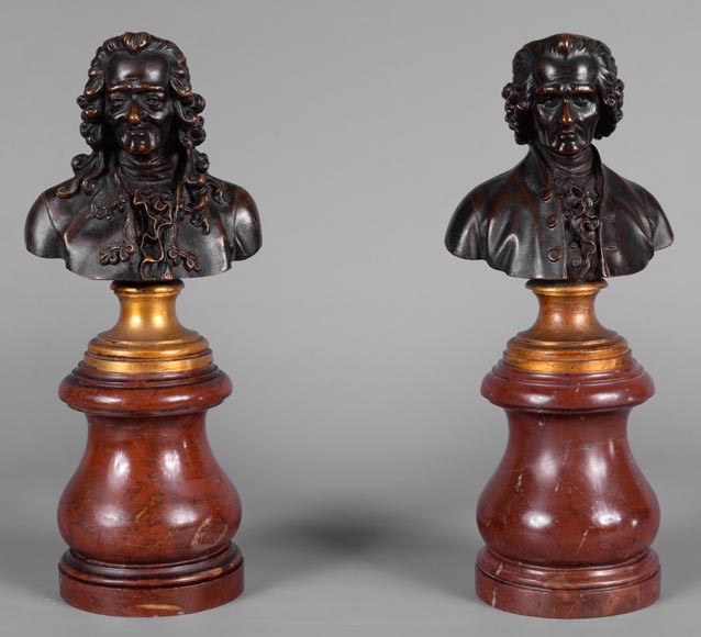 Pair of Voltaire and Rousseau busts in patinated bronze and marble Pair of Voltaire and Rousseau busts in patinated bronze and marble-0