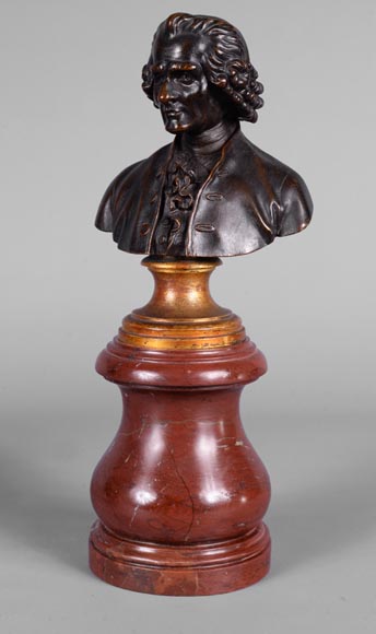 Pair of Voltaire and Rousseau busts in patinated bronze and marble Pair of Voltaire and Rousseau busts in patinated bronze and marble-1