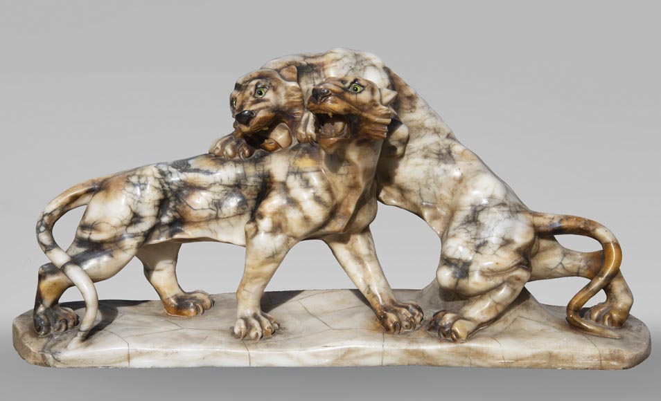 Group in carved veined alabaster representing two panthers Group in carved veined alabaster representing two panthers-0