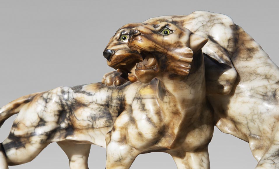 Group in carved veined alabaster representing two panthers Group in carved veined alabaster representing two panthers-2