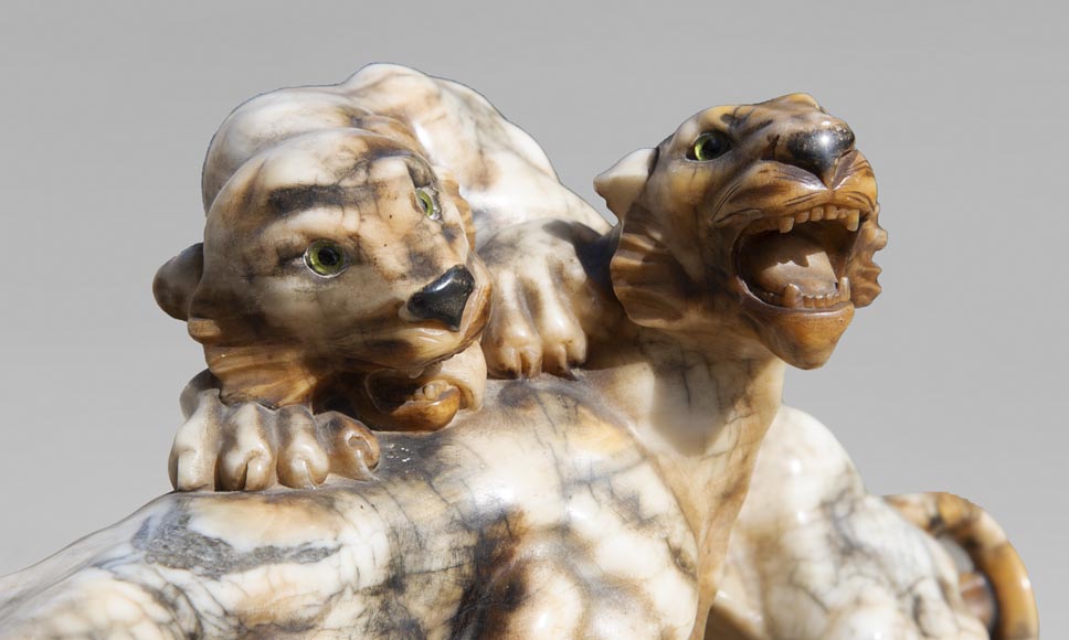 Group in carved veined alabaster representing two panthers Group in carved veined alabaster representing two panthers-3