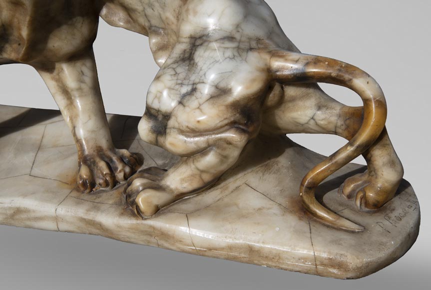 Group in carved veined alabaster representing two panthers Group in carved veined alabaster representing two panthers-4