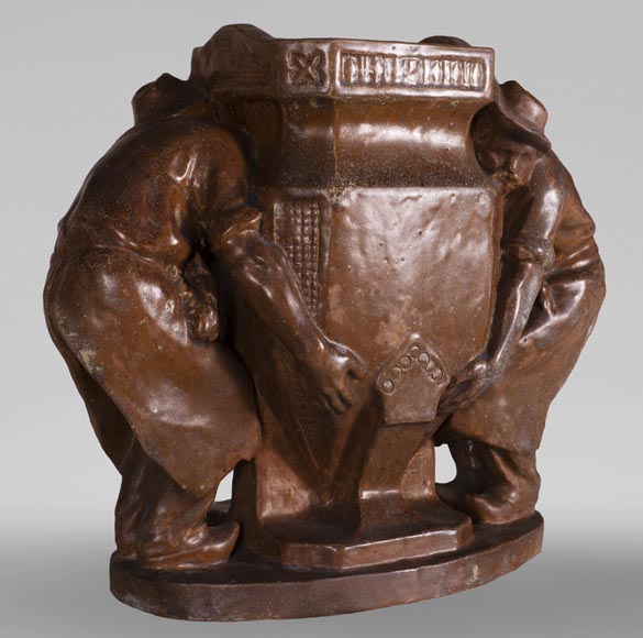 Charles GREBER (1820-1898) - Enamelled stoneware vase with gardeners Charles GREBER (1820-1898) - Enamelled stoneware vase with gardeners-1