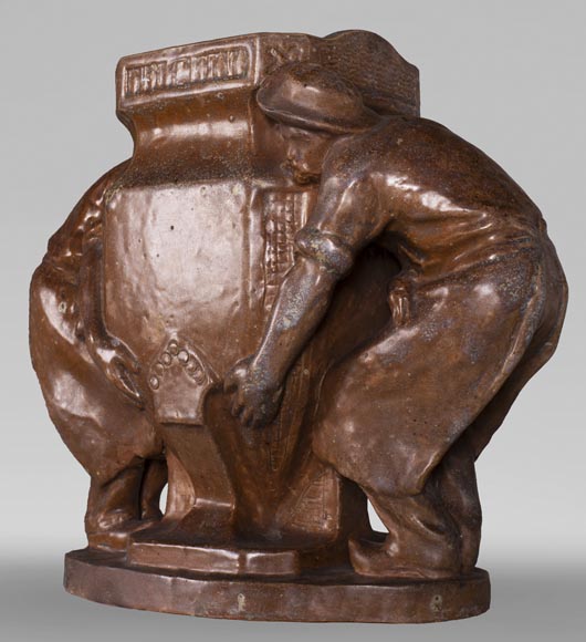 Charles GREBER (1820-1898) - Enamelled stoneware vase with gardeners Charles GREBER (1820-1898) - Enamelled stoneware vase with gardeners-2