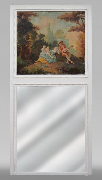Antique Louis XVI style trumeau with an oil on canvas with gallant scene decoration Antique Louis XVI style trumeau with an oil on canvas with gallant scene decoration-0