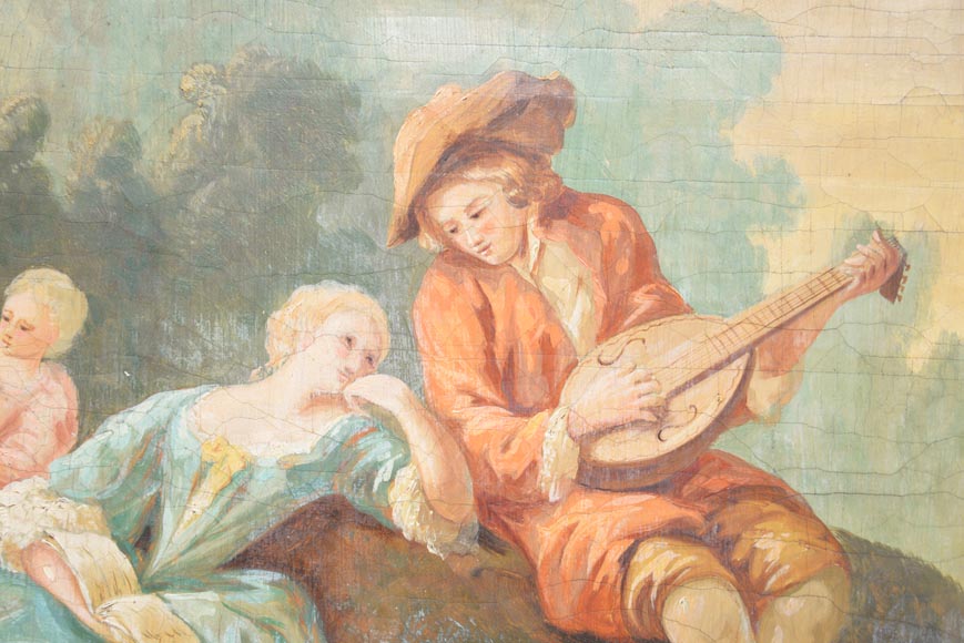 Antique Louis XVI style trumeau with an oil on canvas with gallant scene decoration Antique Louis XVI style trumeau with an oil on canvas with gallant scene decoration-2