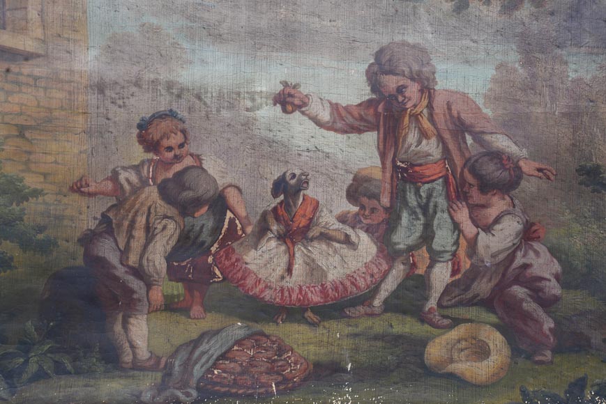 Antique trumeau with an oil on canvas representing a scene of children playing with a dog Antique trumeau with an oil on canvas representing a scene of children playing with a dog-1