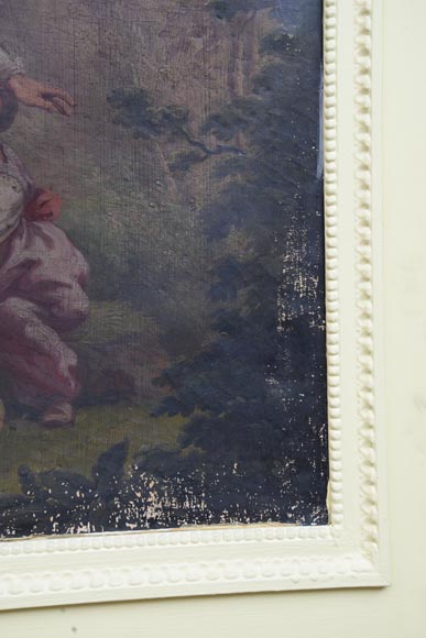 Antique trumeau with an oil on canvas representing a scene of children playing with a dog Antique trumeau with an oil on canvas representing a scene of children playing with a dog-3