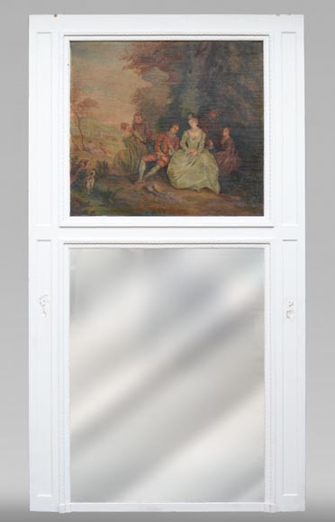 Antique painted trumeau decorated with an oil on canvas representing a gallant scene Antique painted trumeau decorated with an oil on canvas representing a gallant scene-0