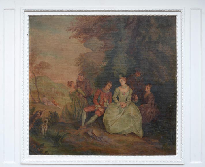 Antique painted trumeau decorated with an oil on canvas representing a gallant scene Antique painted trumeau decorated with an oil on canvas representing a gallant scene-1