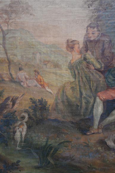 Antique painted trumeau decorated with an oil on canvas representing a gallant scene Antique painted trumeau decorated with an oil on canvas representing a gallant scene-2