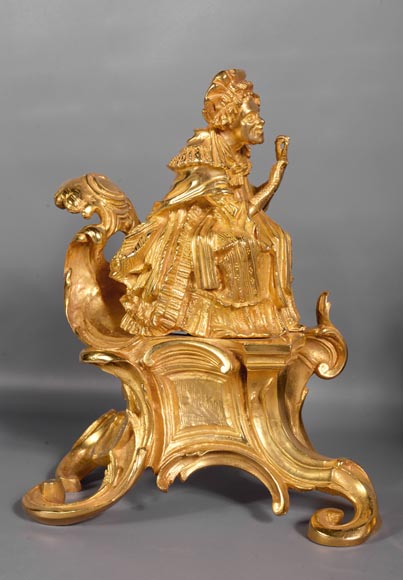 Pair of antique Louis XV style gilt bronze andirons with characters in costume Pair of antique Louis XV style gilt bronze andirons with characters in costume-1