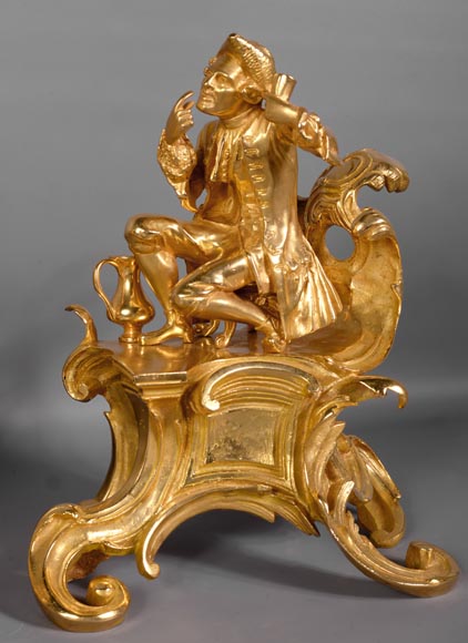 Pair of antique Louis XV style gilt bronze andirons with characters in costume Pair of antique Louis XV style gilt bronze andirons with characters in costume-5