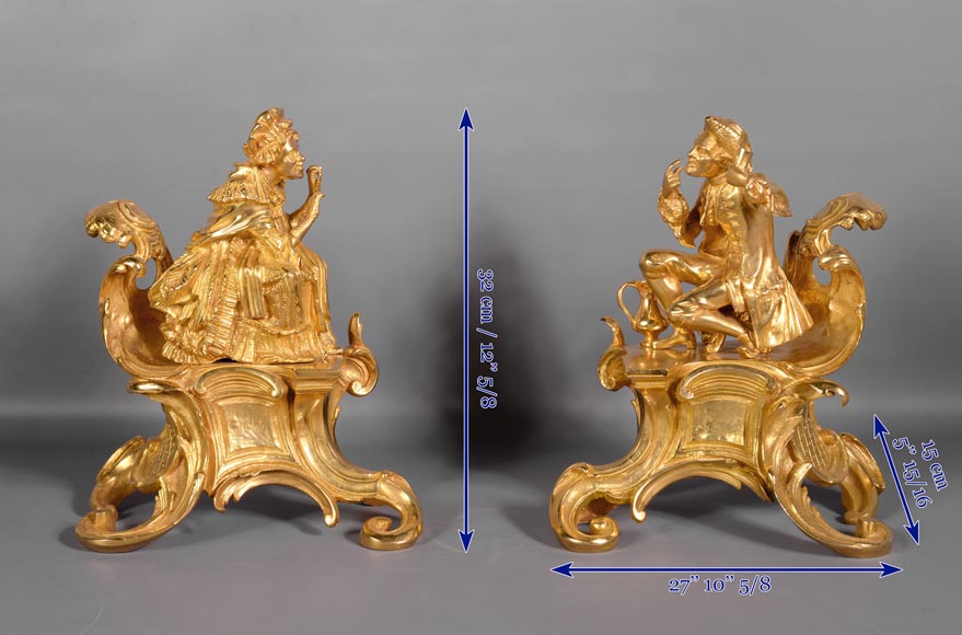 Pair of antique Louis XV style gilt bronze andirons with characters in costume Pair of antique Louis XV style gilt bronze andirons with characters in costume-8