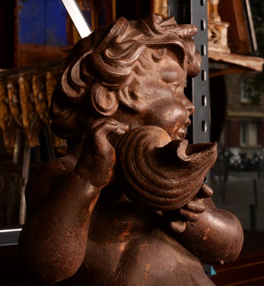 Cast iron statue fountain representing a child with a shell Cast iron statue fountain representing a child with a shell-3