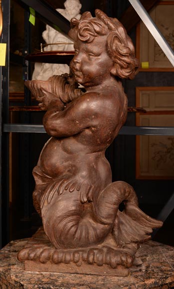 Cast iron statue fountain representing a child with a shell Cast iron statue fountain representing a child with a shell-6
