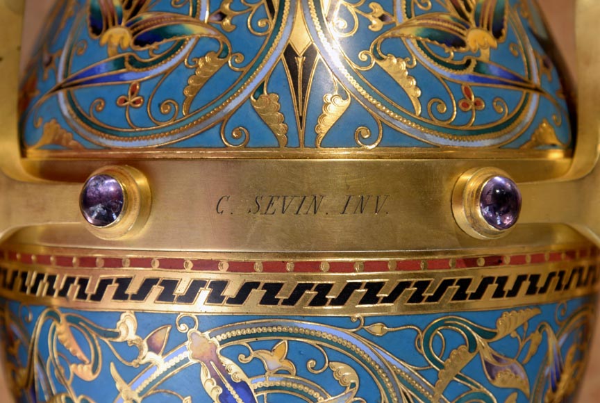 Louis-Constant SÉVIN (1821-1888) and Ferdinand BARBEDIENNE (1810-1892), Exceptional Pair of Ornamental Vases in Bronze and Enamel, model presented during the International Exhibition of London in 1862 Louis-Constant SÉVIN (1821-1888) and Ferdinand BARBEDIENNE (1810-1892), Exceptional Pair of Ornamental Vases in Bronze and Enamel, model presented during the International Exhibition of London in 1862-3