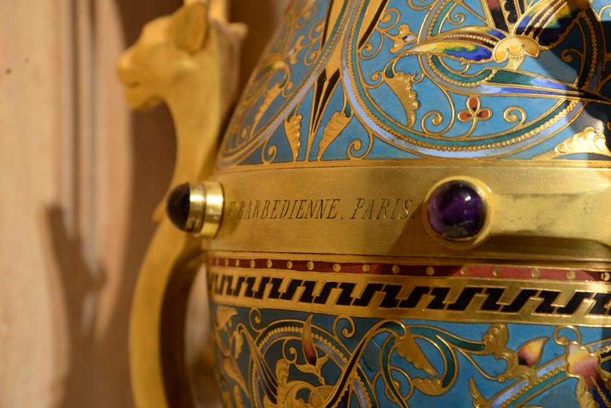 Louis-Constant SÉVIN (1821-1888) and Ferdinand BARBEDIENNE (1810-1892), Exceptional Pair of Ornamental Vases in Bronze and Enamel, model presented during the International Exhibition of London in 1862 Louis-Constant SÉVIN (1821-1888) and Ferdinand BARBEDIENNE (1810-1892), Exceptional Pair of Ornamental Vases in Bronze and Enamel, model presented during the International Exhibition of London in 1862-5