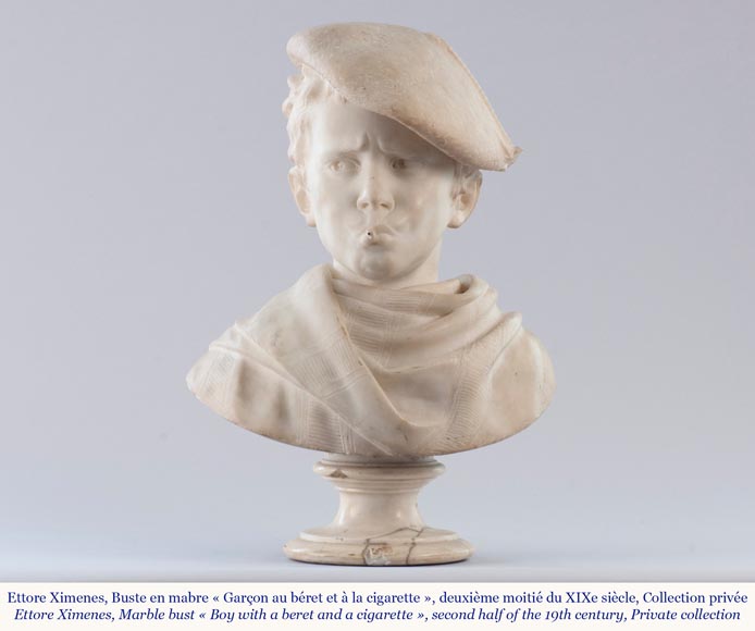 Ettore XIMENES (1855-1926) (attr. to), « Boy with a beret », Carrara marble bust, Second half of the 19th century Ettore XIMENES (1855-1926) (attr. to), « Boy with a beret », Carrara marble bust, Second half of the 19th century-1