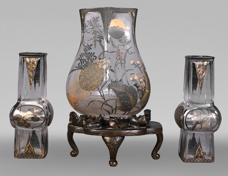 The Escalier de Cristal, a baluster vase on a bronze stand and a pair of bamboo vases in Japonesque crystal The Escalier de Cristal, a baluster vase on a bronze stand and a pair of bamboo vases in Japonesque crystal-0