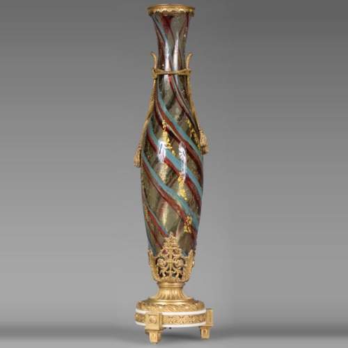 Ernest LEVEILLE - Exceptional cracked glass vase with polychrome and gilt insert decor on a gilt bronze mount, circa1890
