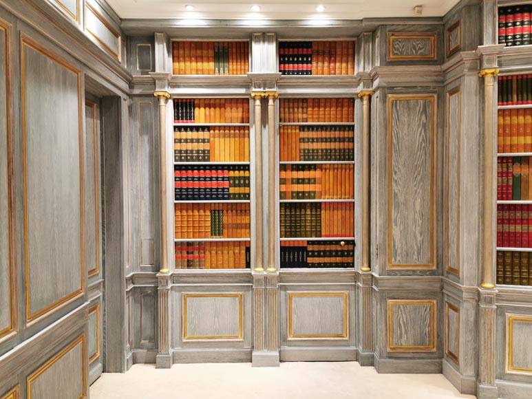 Wood paneled room with trompe l'oeil library decoration, late 20th century Wood paneled room with trompe l'oeil library decoration, late 20th century-2