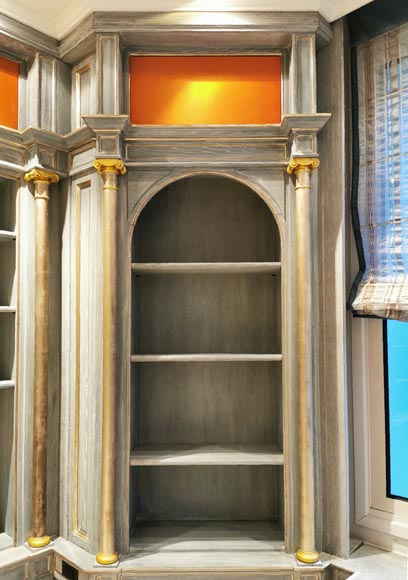 Wood paneled room with trompe l'oeil library decoration, late 20th century Wood paneled room with trompe l'oeil library decoration, late 20th century-9