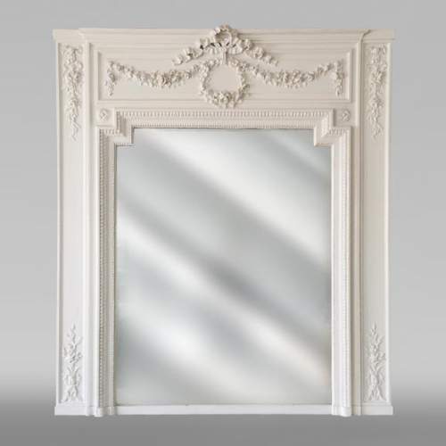  Louis XVI style overmantel in painted wood and stucco with flowers garlands