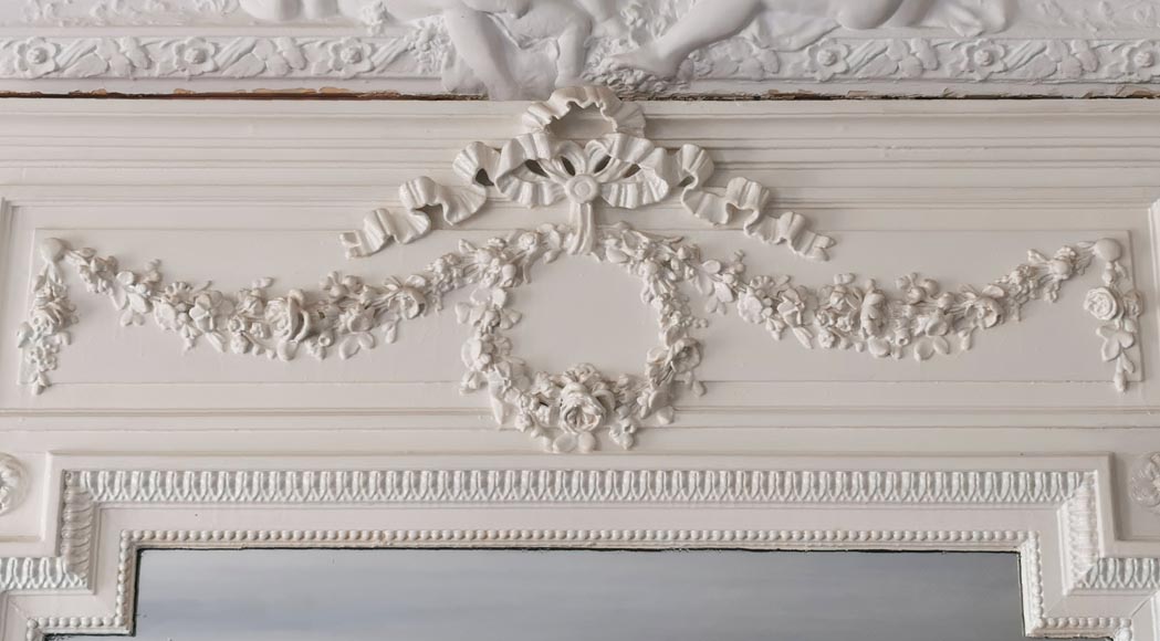 Louis XVI style overmantel in painted wood and stucco with flowers garlands Louis XVI style overmantel in painted wood and stucco with flowers garlands-1