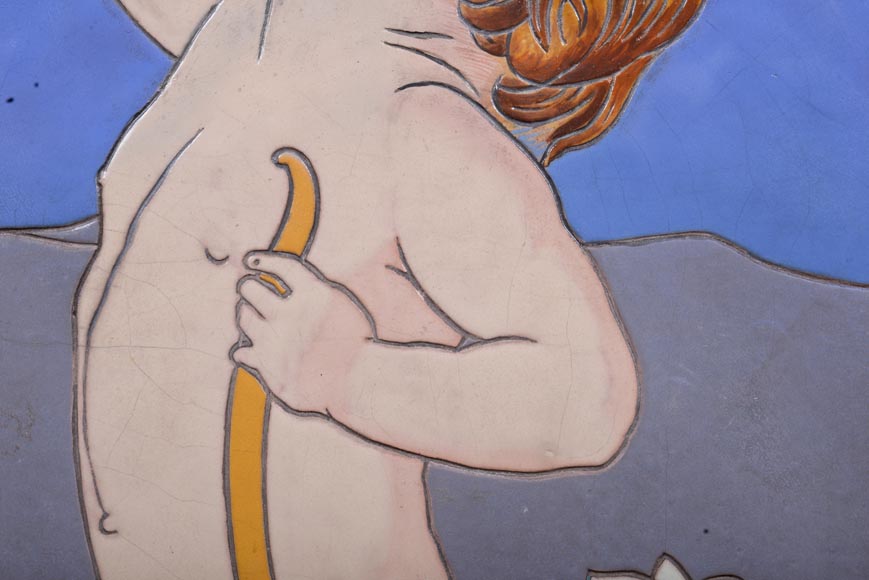 Jules LOEBNITZ (1836 – 1895), Ceramic panel “Child with a flower” Jules LOEBNITZ (1836 – 1895), Ceramic panel “Child with a flower”-3