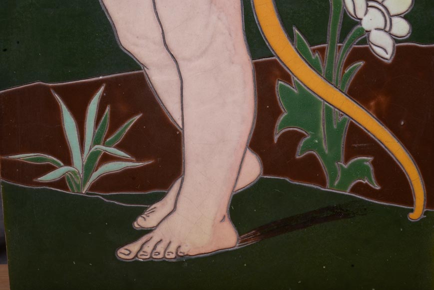 Jules LOEBNITZ (1836 – 1895), Ceramic panel “Child with a flower” Jules LOEBNITZ (1836 – 1895), Ceramic panel “Child with a flower”-5