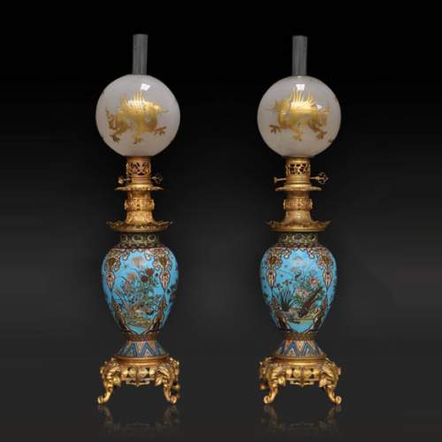 Ferdinand BARBEDIENNE (1810 – 1892) (Attrib.) Pair of cloisonne enameled Chinese lamps