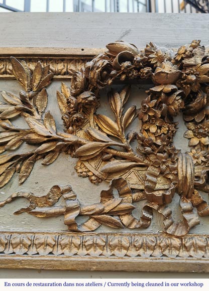 Louis XVI period gilt wood overmantel with a double crown of flowers and olive tree branches Louis XVI period gilt wood overmantel with a double crown of flowers and olive tree branches-3