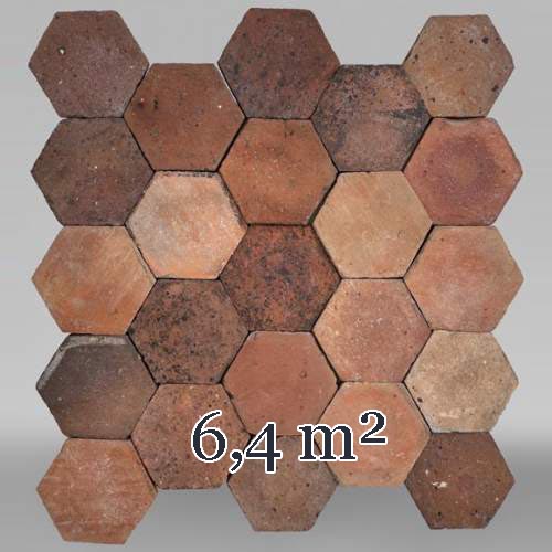 Lot of 6.4 m² of antique hexagonal terracotta tiles, 19th century