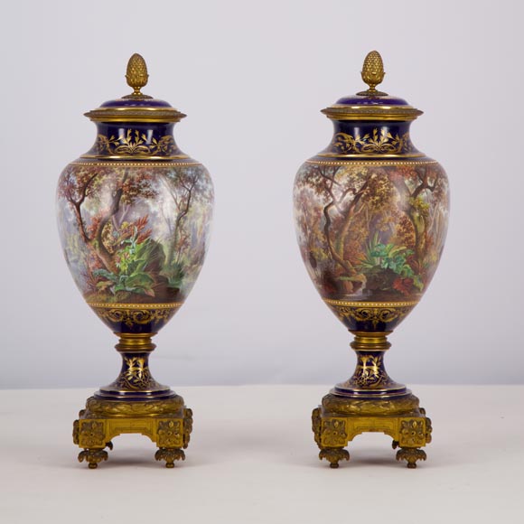Pair of Sèvres porcelain vases mounted in gilt bronze and painted by J. Machereau, circa 1870 Pair of Sèvres porcelain vases mounted in gilt bronze and painted by J. Machereau, circa 1870-2