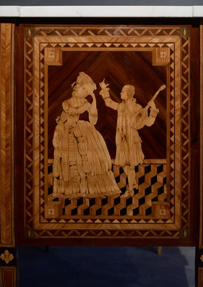 Giuseppe MAGGIOLINI (1738 – 1814)(circle of), Remarkable pair of Neoclassical commodes with marquetry decoration depicting a “Departure for the hunt” and a “ Return from the hunt” beginning of the 19th century Giuseppe MAGGIOLINI (1738 – 1814)(circle of), Remarkable pair of Neoclassical commodes with marquetry decoration depicting a “Departure for the hunt” and a “ Return from the hunt” beginning of the 19th century-5