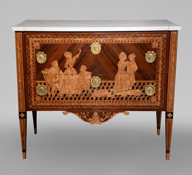 Giuseppe MAGGIOLINI (1738 – 1814)(circle of), Remarkable pair of Neoclassical commodes with marquetry decoration depicting a “Departure for the hunt” and a “ Return from the hunt” beginning of the 19th century Giuseppe MAGGIOLINI (1738 – 1814)(circle of), Remarkable pair of Neoclassical commodes with marquetry decoration depicting a “Departure for the hunt” and a “ Return from the hunt” beginning of the 19th century-7