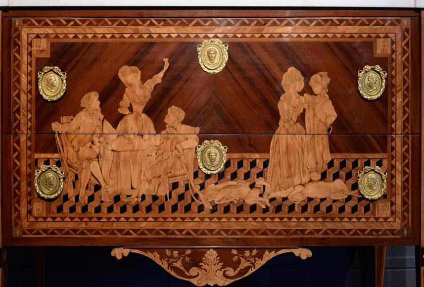 Giuseppe MAGGIOLINI (1738 – 1814)(circle of), Remarkable pair of Neoclassical commodes with marquetry decoration depicting a “Departure for the hunt” and a “ Return from the hunt” beginning of the 19th century Giuseppe MAGGIOLINI (1738 – 1814)(circle of), Remarkable pair of Neoclassical commodes with marquetry decoration depicting a “Departure for the hunt” and a “ Return from the hunt” beginning of the 19th century-10